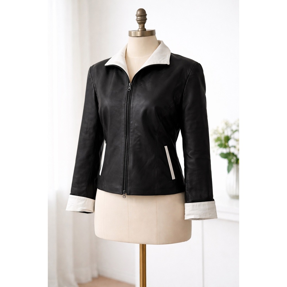 Italian Leather Jacket Black‎ White Contrast Trim Minimalist Cropped Zip